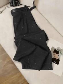 Franclia New Elegant Commuter Women's Straight Wide-Leg Pants With Gold Sequin Design, Casual Trousers With Belt Accessory, Black Gold Sequin Long Pants - Black - View 2