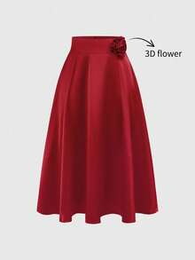 Rafferiza 女士优雅缎面A字裙，饰有3D立体花卉图案 - 紅色 - 查看 5