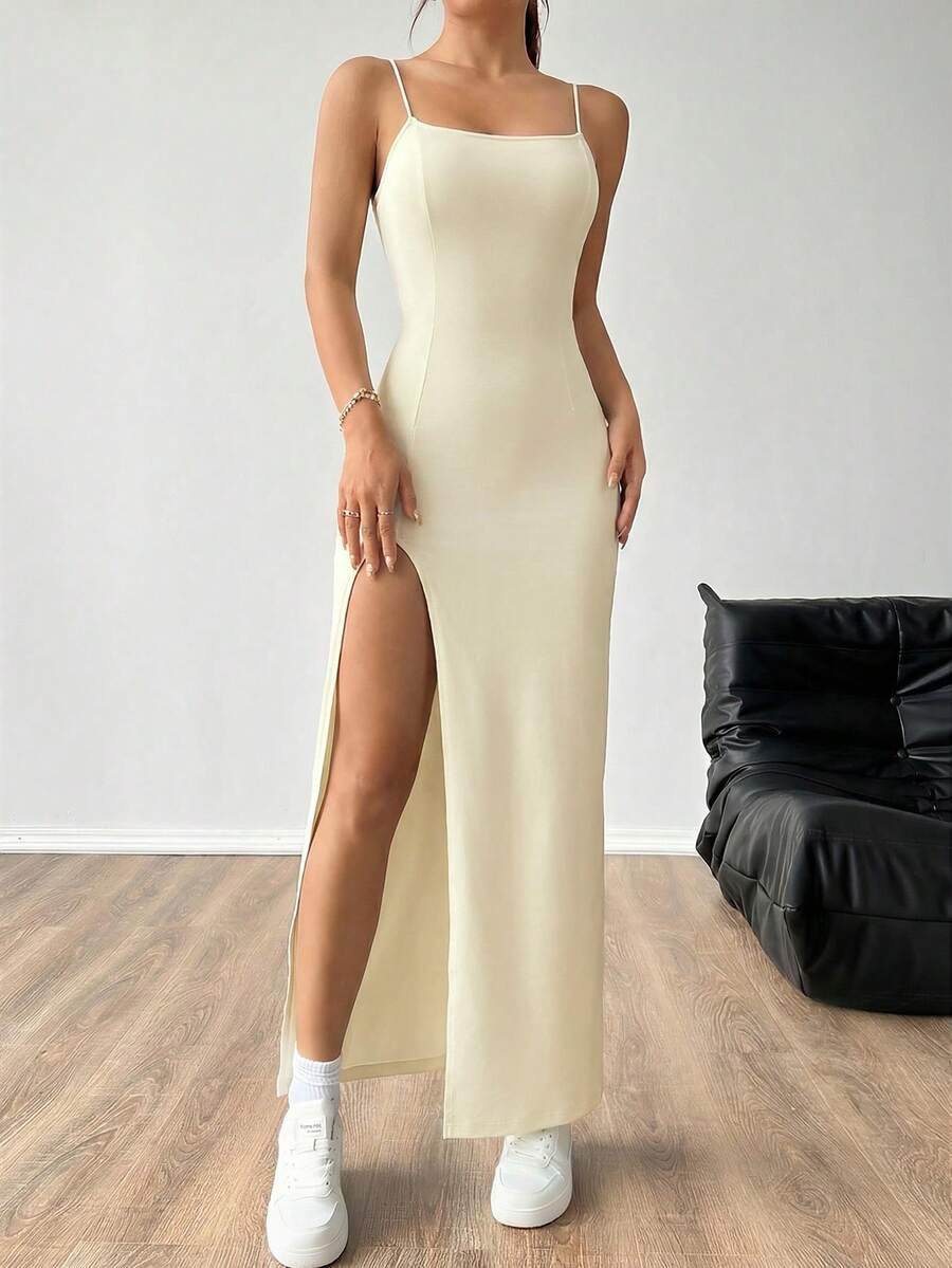 SHEIN EZwear Vestido sin mangas con abertura alta en color albaricoque, para primavera/verano - Albaricoque - Ver 1