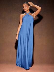 Hauture Women's Ruched Halter Neck Long Dress, Fashionable For Dates And Parties - Dusty Blue - View 3