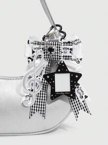 ROMWE 1 Pc Y2K Style Musical Note And Star Keychain, Subculture Musical Note Bag Charm,Anime Style Grid Bowknot Pendant, Suitable For Back To Teenagers And Student Keychain Accessories. - White Black - View 3