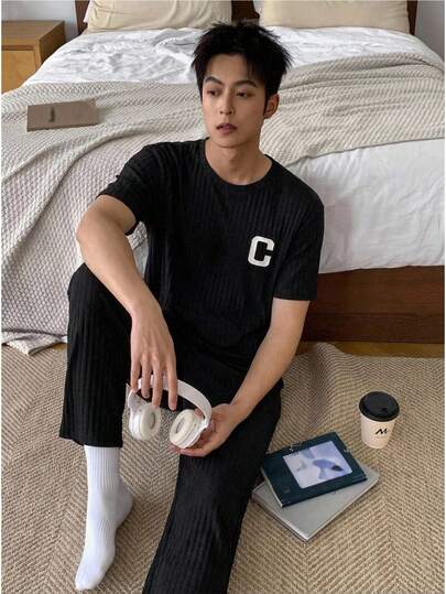 Teenage Boys' Simple Style Loungewear Set, Big Kids' Black Vertical Stripe Short Sleeve & Pants 2-Piece, Loose & Comfortable Casual Homewear, Suitable For Student Dorm & Daily Wear