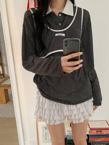 DAZY Women's Retro College Style Loose Striped Long Sleeve T-Shirt, 2 In 1 Korean T-Shirt - Coffee Brown - View 3