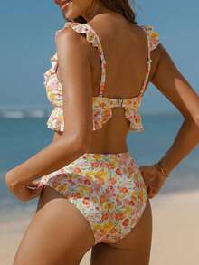 Swim Mod 2026春夏女士沙滩套装，女士吊带比基尼两件套，清新甜美荷叶边装饰，多种颜色可选（粉色、橙色、绿色），吊带比基尼套装，优雅可爱，适合海滩度假，2026春夏新款，新年、情人节、返校季、旅行季，适合度假、海滩、下午茶、野餐、派对、日常穿着、居家休闲、户外运动，时尚百搭 - 黃色 - 查看 2