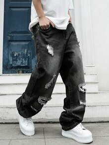 GALLERY FADE Men's Casual Distressed Loose Fit Slant Pocket Denim Jeans, Autumn Romwe Men Jeans Emo Jeans Ripped Baggy Jeans Men Manfinity Legnd Men Cotton Splash Ink Ripped Jeans Drip Jeans - Dark Grey - View 1