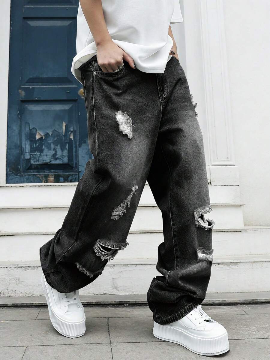 GALLERY FADE Men's Casual Distressed Loose Fit Slant Pocket Denim Jeans, Autumn Romwe Men Jeans Emo Jeans Ripped Baggy Jeans Men Manfinity Legnd Men Cotton Splash Ink Ripped Jeans Drip Jeans - Dark Grey - View 1