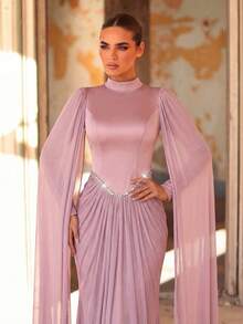 Aureia 优雅、浪漫、时尚、高贵的粉色缎面网纱拼接礼服，饰以水钻，鱼尾裙摆，优雅派对礼服，婚礼宾客礼服，粉色连衣裙，时尚优雅的婚礼宾客正式晚礼服 - 粉色 - 查看 2