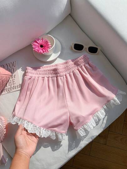 Comfortcana Women's Summer Casual Contrast Color Lace Trim Shorts, Summer Outfits For Women