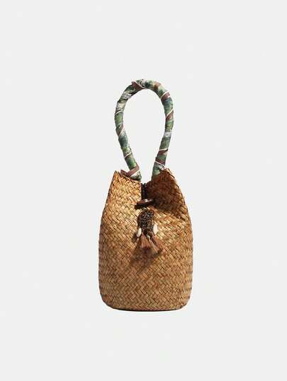 Lumivelle 1件波西米亚风时尚流苏编织包，休闲度假沙滩手提包，户外野餐派对手提包，适合女性办公、通勤、约会、购物、休闲、度假、海滩、音乐节、派对、婚礼、学校等场合（天然稻草色可能略有差异），波西米亚风女装，沙滩包，夏季，绿色