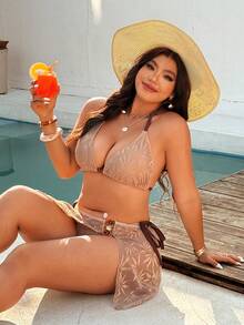 Swim Vcay 2026 New Plus Size Swimwear Set, Special Material Resin Accessories, Minimalist High-End Swimwear Set, Spring/Summer - Brown - View 6