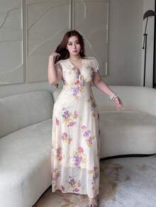 Vibekara 度假风印花荷叶边连衣裙，清新优雅 - 杏色 - 查看 5