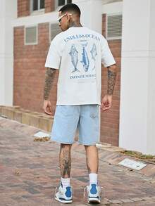 Devon Thys 男士休闲阔腿牛仔短裤，夏季纯色牛仔短裤宽松浅蓝色牛仔短裤，适合老公、男朋友的礼物 - 淺色水洗藍 - 查看 5