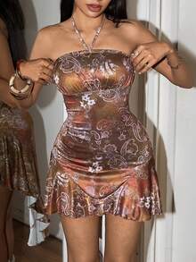 EgrlEra 女士度假风腰果印花露背不对称下摆迷你连衣裙 - 彩色 - 查看 7