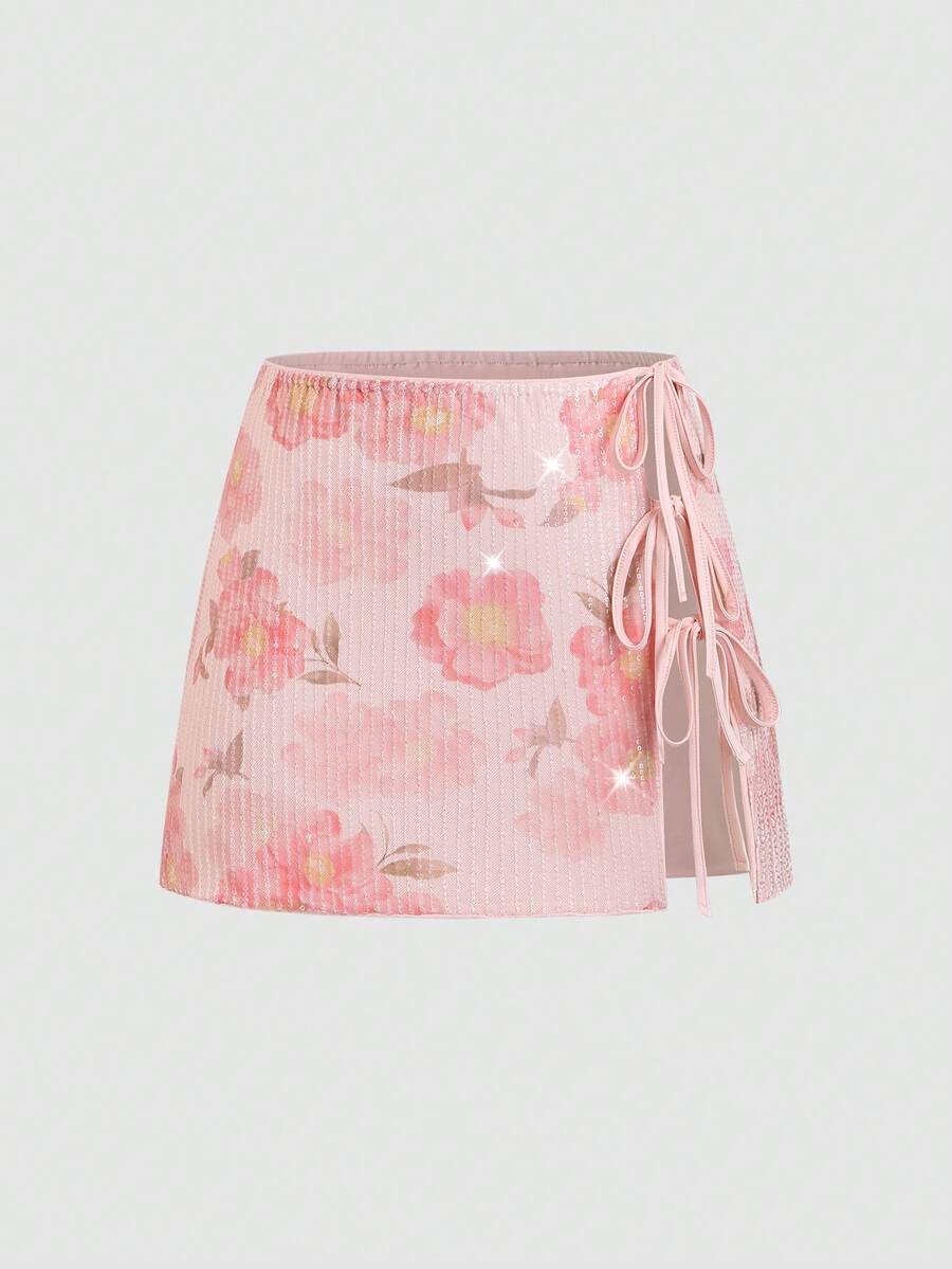 Sweetra Falda sexy y romántica para mujer con estampado floral, lentejuelas, lazo lateral y abertura alta, adecuada para la calle, el trabajo, primavera/verano - Rosa - Ver 1