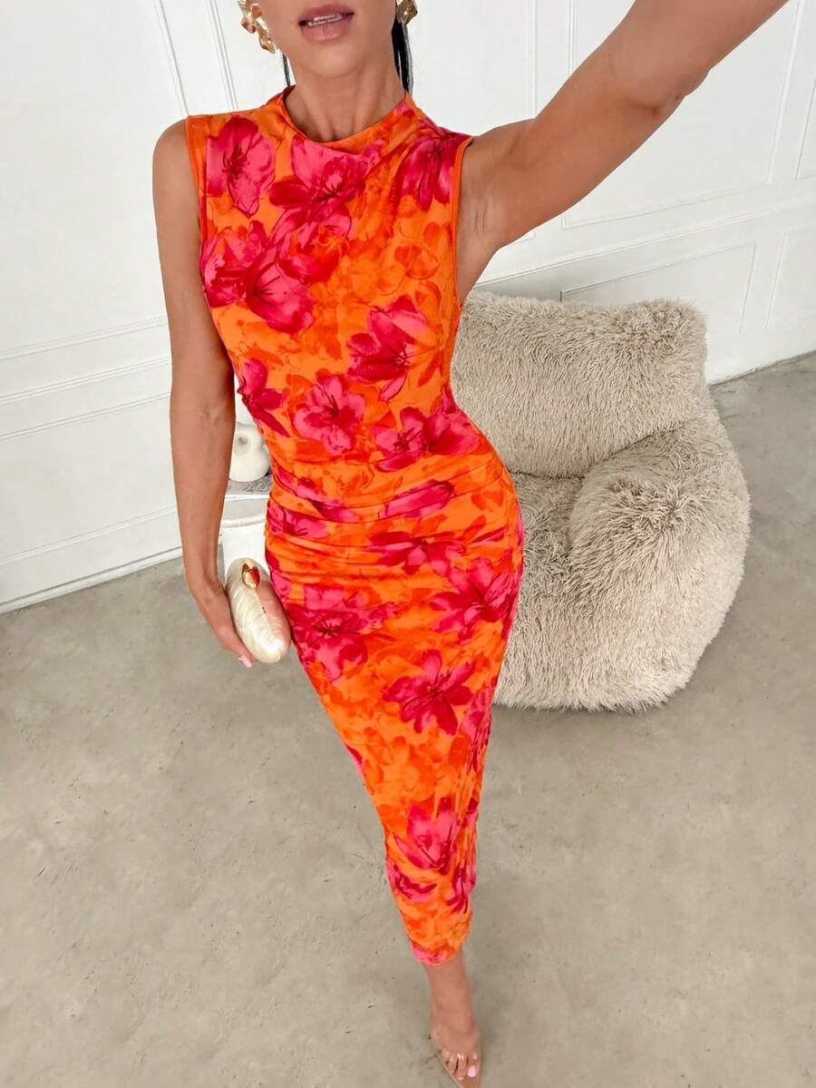 Lavishia Tropical Print Sleeveless Pleated Romantic Elegant Fitted Dress - Burnt Orange - View 1