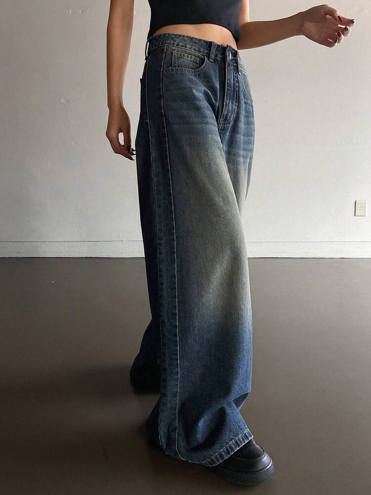 Women's Mid-Rise Loose Fit Washed Street Style Wide Leg Jeans