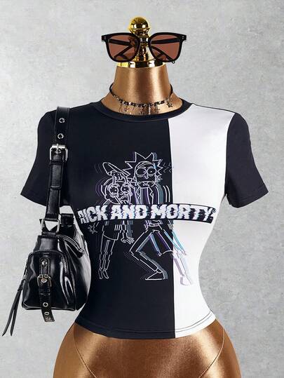 Rick and Morty X SHEIN Camiseta feminina de manga curta com estampa de letras e gola redonda, casual e versátil para uso diário.