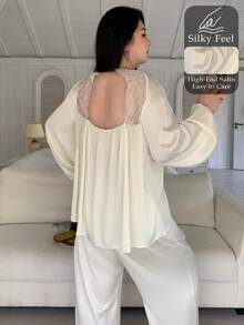 Dazy Plus Plus Size Women Lace Patchwork Crew Neck Long Sleeve Top And Wide Leg Pants Casual Loungewear Set - White - View 1