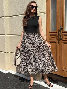 Solivie 女士休闲无袖豹纹拼接中长连衣裙 - 黑色 - 查看 6