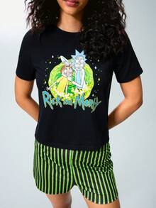 Rick and Morty X SHEIN Women's Round Neck Short Sleeve T-Shirt And Striped Shorts Pajama Set, - Black - View 3