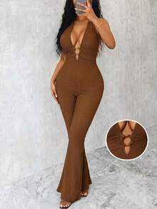 Eryvara Women's Round Ring Connected Halter Jumpsuit, Knitted Crinkle Fabric - Coffee Brown - View 3