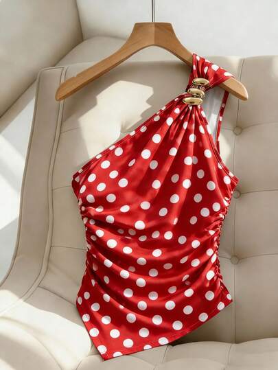 Franclia Women's Red Polka Dot Print Off-Shoulder/One-Shoulder Metal Decorated Buckle Slim Fit Pleated Irregular Hem Women's Blouse/Top/Vest, Valentine's Day, Dating, Back To School, Summer, Beach, Vacation, Retro Polka Dots, Summer, Summer Tops, Summer Outfits, Summer Clothing, Summer Outfits, Beach, Women's Beach Outfits, Beach Outfits, Women's Elegant Tops, Women's Casual Tops, Women's Vacation Outfits, Vacation Holidays, Summer Holiday Outfits, Holiday Outfits, Y2K Style, Y2K Style Tops, Women's Commute Outfits, Women's Office Outfits, Social Tops/Workwear, Women's Work Attire, Women's Office Attire, Women's Office Wear, Polka Dots, Polka Dot Red TopGraduation Season Attire, Fashionable Casual Commuter Wear, Business Office Wear, Versatile And Stylish Everyday Casual Wear, Urban Teacher's Professional Attire