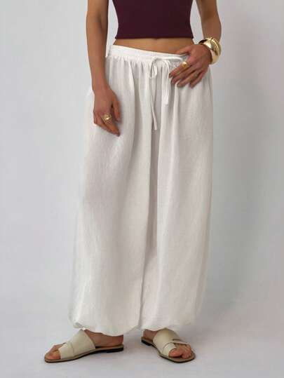 Aloruh Women's Summer New Casual Vacation White Linen Lantern Pants