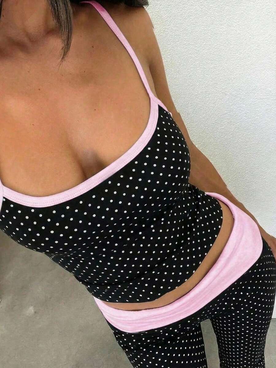 SHEIN EZwear 夏季粉色撞色黑白波点印花吊带背心和裤子套装 - 彩色 - 查看 1