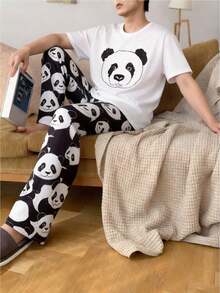 2pcs/Set Teenage Boys' Casual Cartoon Print Loose Fit Long Pants And Short Sleeve Loungewear Set - White - View 3