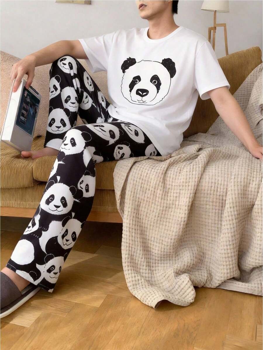 2pcs/Set Teenage Boys' Casual Cartoon Print Loose Fit Long Pants And Short Sleeve Loungewear Set - White - View 1