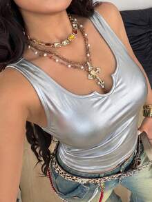 Coolane 女士加大码，春夏，节日街头风复古Y2K日常穿搭简约休闲基础款皮革无袖开衩弹力背心，性感上衣 - 銀色 - 查看 2