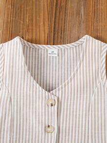 2-Piece Girls' Outfit:Apricot Striped Sleeveless Top,Button-Front Vest & Shorts Set For Summer,7th Birthday,Daily,Formal Event Back-To-School Clothes - Apricot - View 7