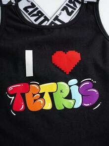 Tetris™ X SHEIN 女童字母爱心印花T恤和裤子休闲套装 - 黑色 - 查看 3
