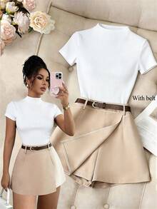 Franclia Bộ đồ nữ thanh lịch và giản dị gồm áo trắng cổ cao tay ngắn, quần short kaki 2 trong 1, kèm thắt lưng, thích hợp cho mùa hè, đi nghỉ mát, đi học, mặc hàng ngày, bộ đồ nữ thanh lịch, bộ đồ nữ thường ngày, trang phục hẹn hò/nghỉ mát, áo trắng và chân váy trắng, bộ 2 món, bộ đồ nữ màu kem sang trọng, bộ 2 món màu trắng thanh lịch cho nữ, bộ áo trắng và chân váy, bộ áo dệt kim gân và chân váy, bộ 2 món màu trắng kem, bộ 2 món màu trắng sang trọng cho nữ. - trắng - Xem 1