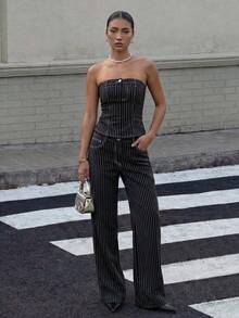 Muchica Two-Piece Set: Strapless Denim Top + Low-Waisted Straight-Leg Pants, Black And White Striped Casual Suit,Y2K Style Streetwear - Black - View 4