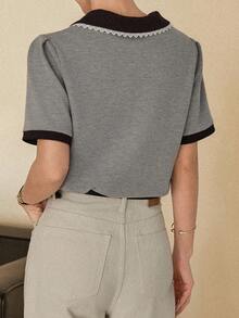 DAZY 女士夏季撞色蕾丝拼接Polo领休闲T恤 - 深灰色 - 查看 3