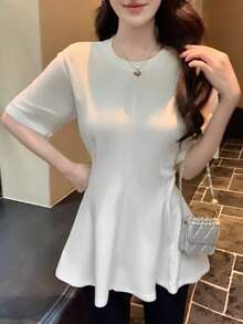 DAZY Camiseta casual de verano para mujer con cuello redondo, cintura ceñida y bajo en línea A, de manga corta - Blanco - Ver 5