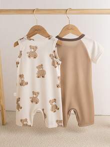 Souflis Souflis 2 Stücke/Set süßer Bären-Muster Baby Jungen Kurzarm Romper Outfit, 0-3 Jahre alt, weich & niedlich, geeignet für Zuhause, Outdoor-Spiel und weitere Anlässe - Verschiedenfarbig - Übersicht 3