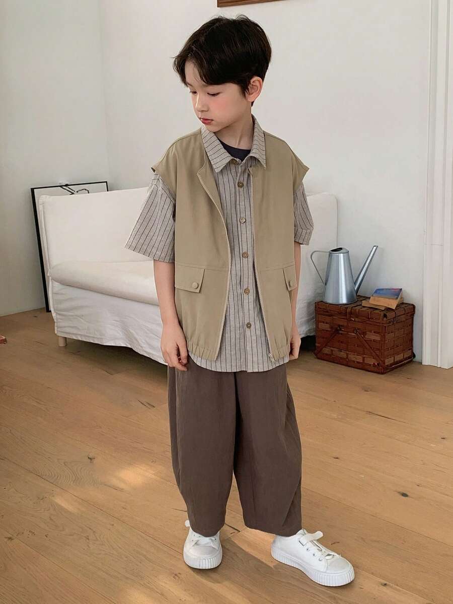 DAZY Tween Boy's Casual Solid Color Sleeveless Jacket, Summer Spring - Khaki - View 1