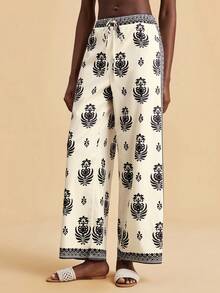 Travachic Women's Beach Vacation Floral Print Drawstring Waist Loose Wide Leg Cover Up & Pants Set - Multicolor - View 6