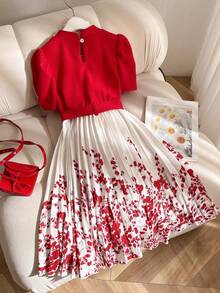 SHEIN Elladie kids 女童夏季新款立领珍珠装饰腰部松紧带印花褶皱下摆宽松公主裙 - 紅色 - 查看 2