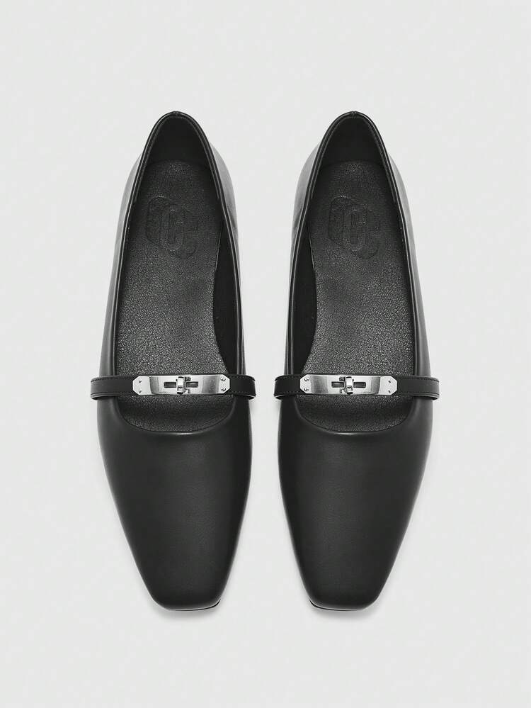 CUCCOO BIZCHIC Women's Square Toe Flat Black Metal Buckle Mary Jane Flats, Lightweight Comfortable Slip-On Suitable For Dresses Spring Shoes