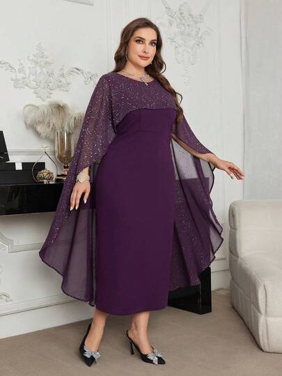 Modelyn Plus Size Women Chiffon Poncho Dress, Elegant Fitted Party Gown