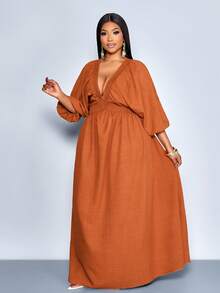 SOLERSUN Vestido longo feminino plus size elegante, sensual e fluido em linho com decote em V profundo franzido e mangas curtas com babados. Ideal para férias em estilo boho, country, tropical e para o verão. Perfeito para férias com um toque de luxo e tranquilidade, ideal para primavera e verão. - Ferrugem Marrom - Ver 2