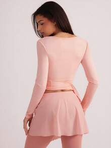 Eassivo Eassivo Women's All Season Casual Sports Tie Front Long Sleeve T-Shirt, Sheer Texture, Versatile White Pullover - Pink - View 2