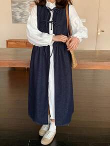 FRIFUL 女士休闲系带无袖牛仔连衣裙长裙 - 藍色 - 查看 4