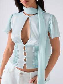 LYSMO Women's Light Blue Summer Elegant Party Blouse,Solid Round Neck Pleated Cut Out Modern Fashionable Minimalism Versatile Daily Wear Tops - Baby Blue - View 4