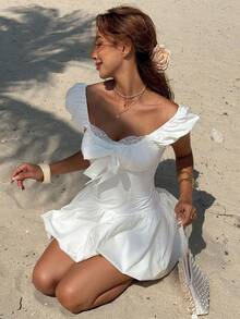 Joudiya Vestido casual y dulce para niña con diseño de lazo de encaje calado blanco, adecuado para el Día de San Valentín, boda, fiesta, evento de moda, uso elegante en la oficina, vestido mini entallado y acampanado - Blanco - Ver 4
