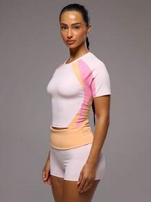 Musera Sport Contrast Panelled Graphic Active T-Shirt Only Sport Workout Gym Pilates Fitness Daily Girly Casual Hot Sweat Summer - Pink - View 4