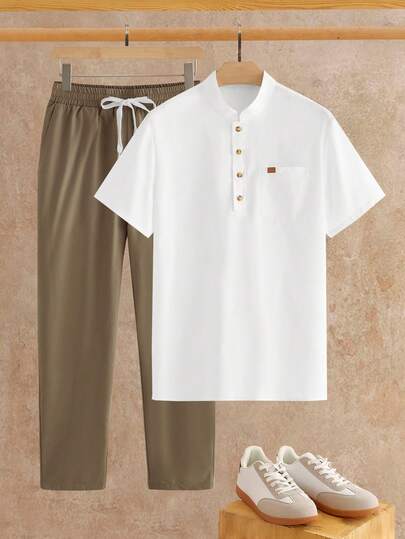 HIMLAND Men's Pocket Button Half-Placket Short Sleeve Shirt And Pants Set  ,Men's 2 Piece Linen Henley Shirt And Pants  ,Summer Beach Wedding Guest Outfit Men  ,Casual Grandad Collar Shirt Trousers Set  ,Breathable Flax Style Suit  ,White Shirt And Khaki Pants Set  ,Boho Hippie Vacation Clothing  ,Button Up Pocket Tee Set  ,Men's 2 Piece Linen Outfit  ,Short Sleeve Henley Shirt & Drawstring Pants Set  ,Men's 2 Piece Set  ,Linen Outfit Men  ,Summer Beach Wear  ,Short Sleeve & Pants Set  ,Henley Shirt Set